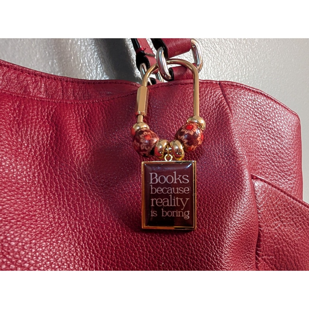 Handmade Books Because Reality Is Boring Purse Charm Keychain Burgundy Gold Tone